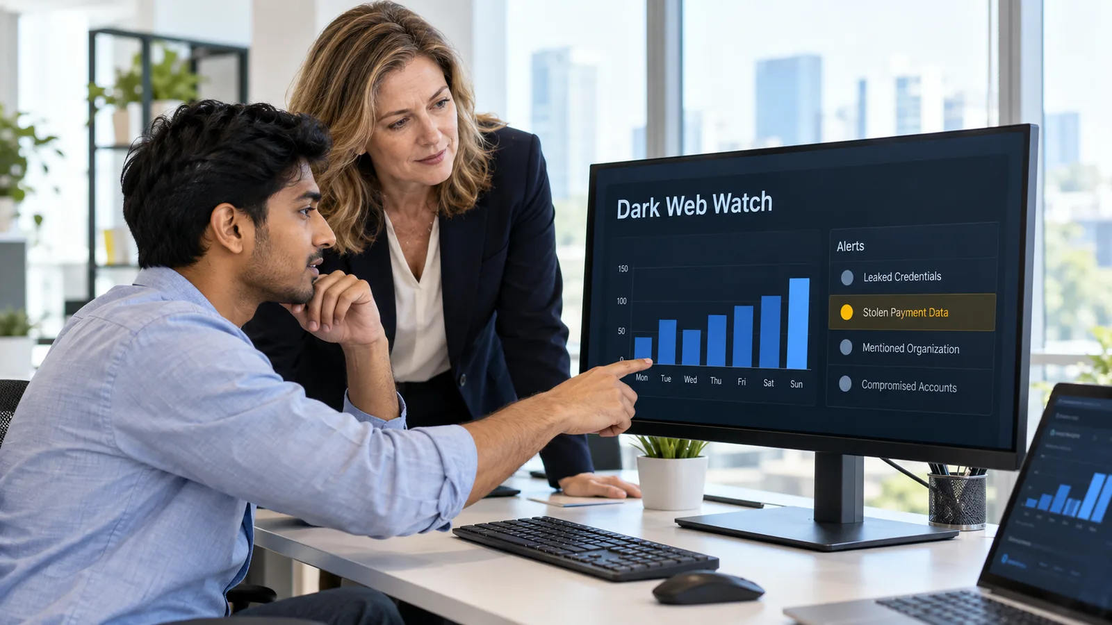 Two analysts reviewing a dark web watch dashboard with a weekly alert chart and a stolen payment data alert