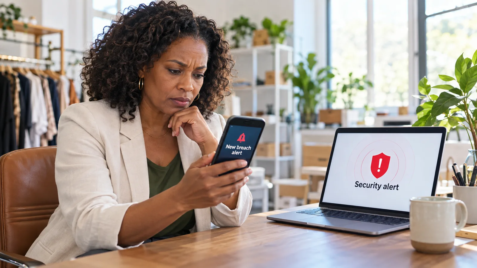 Business owner reading a new breach alert notification on her phone next to a laptop showing an alert summary