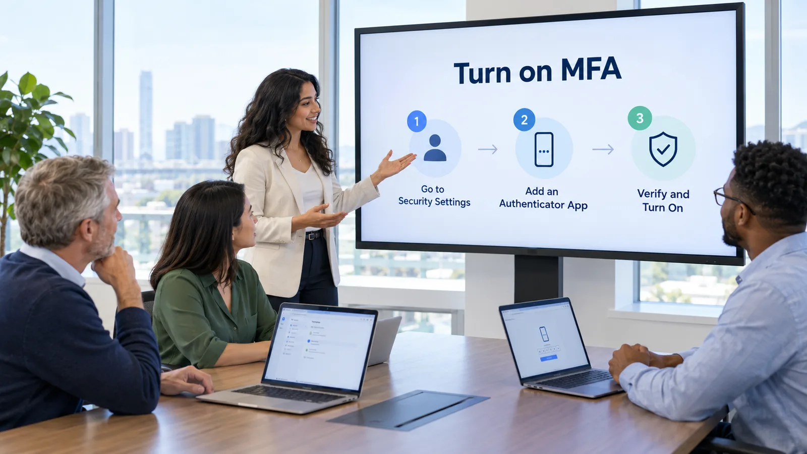 Team in a conference room reviewing a turn on MFA slide with three setup steps