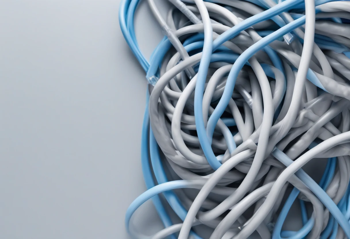 Coiled blue and grey network cables massed on a pale surface with open space to one side