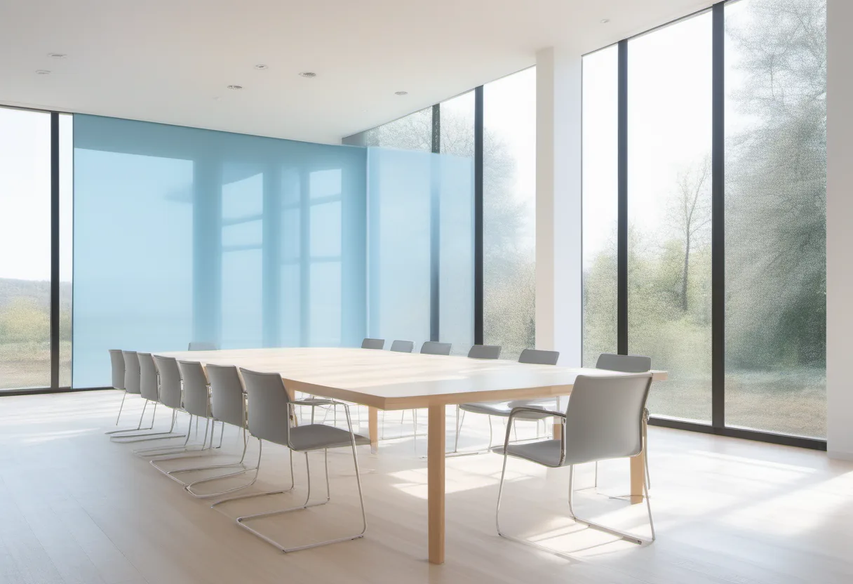 Empty glass-walled conference room with pale wood table and morning sunlight