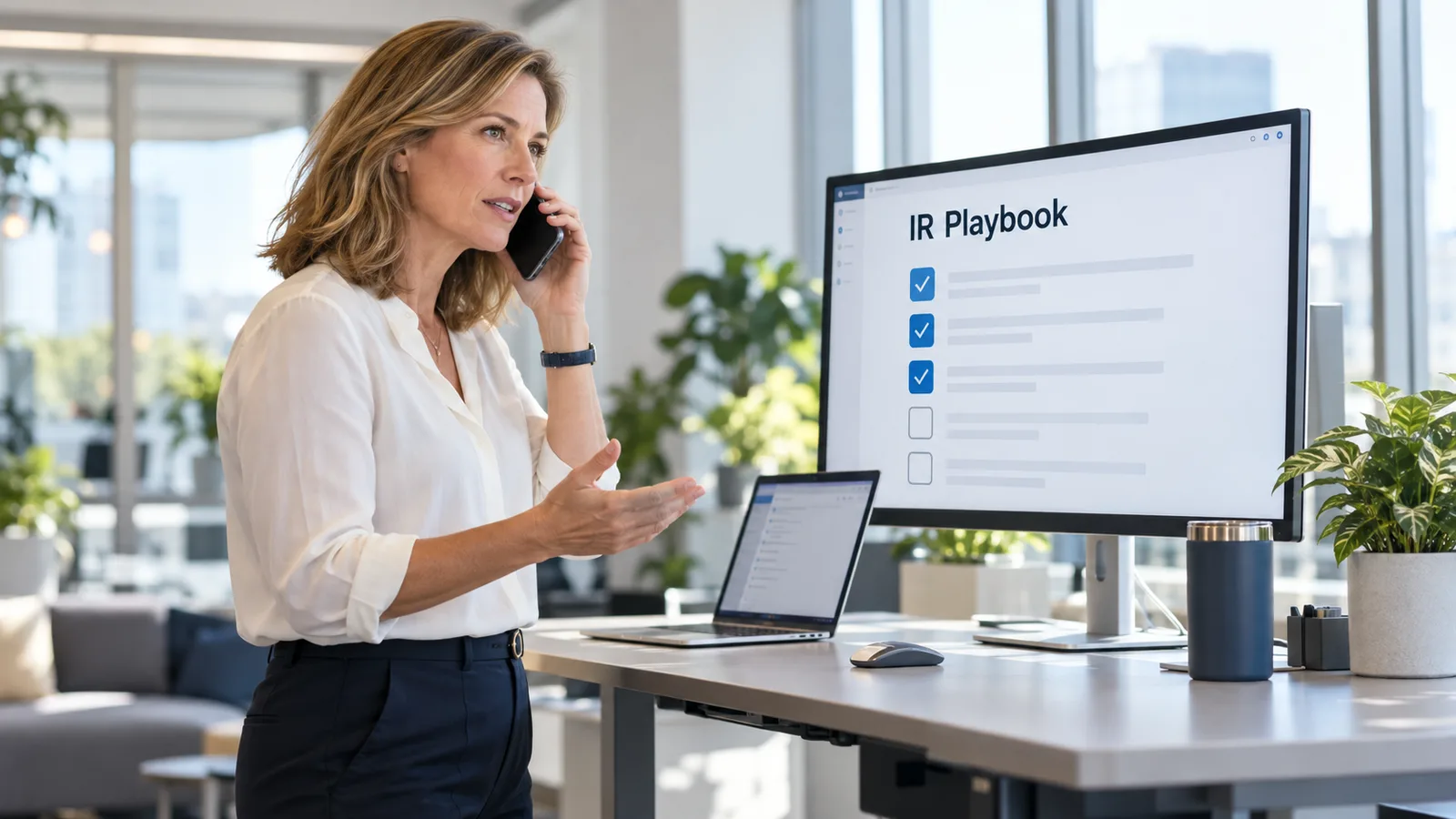 Incident responder on a phone call at a standing desk with an IR playbook checklist on her monitor