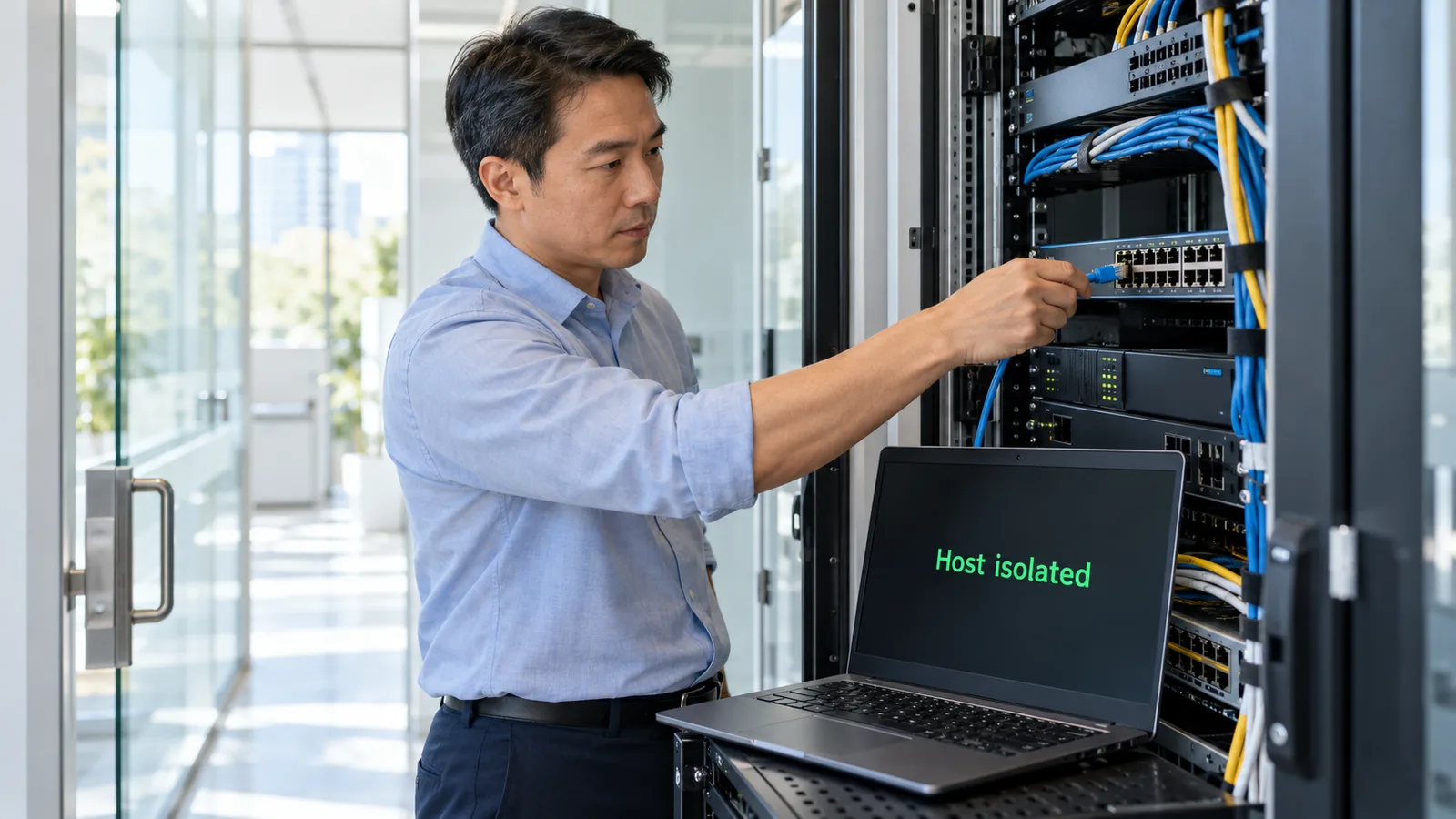 IT staff member in a server closet unplugging a cable with a laptop showing host isolated