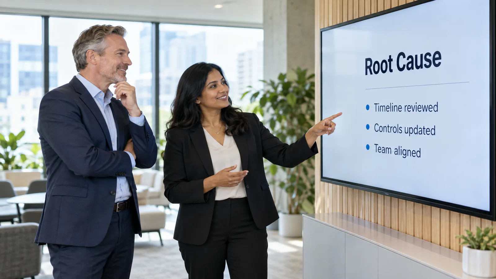 Business owner and incident lead reviewing a root cause summary with three bullet points on a wall display