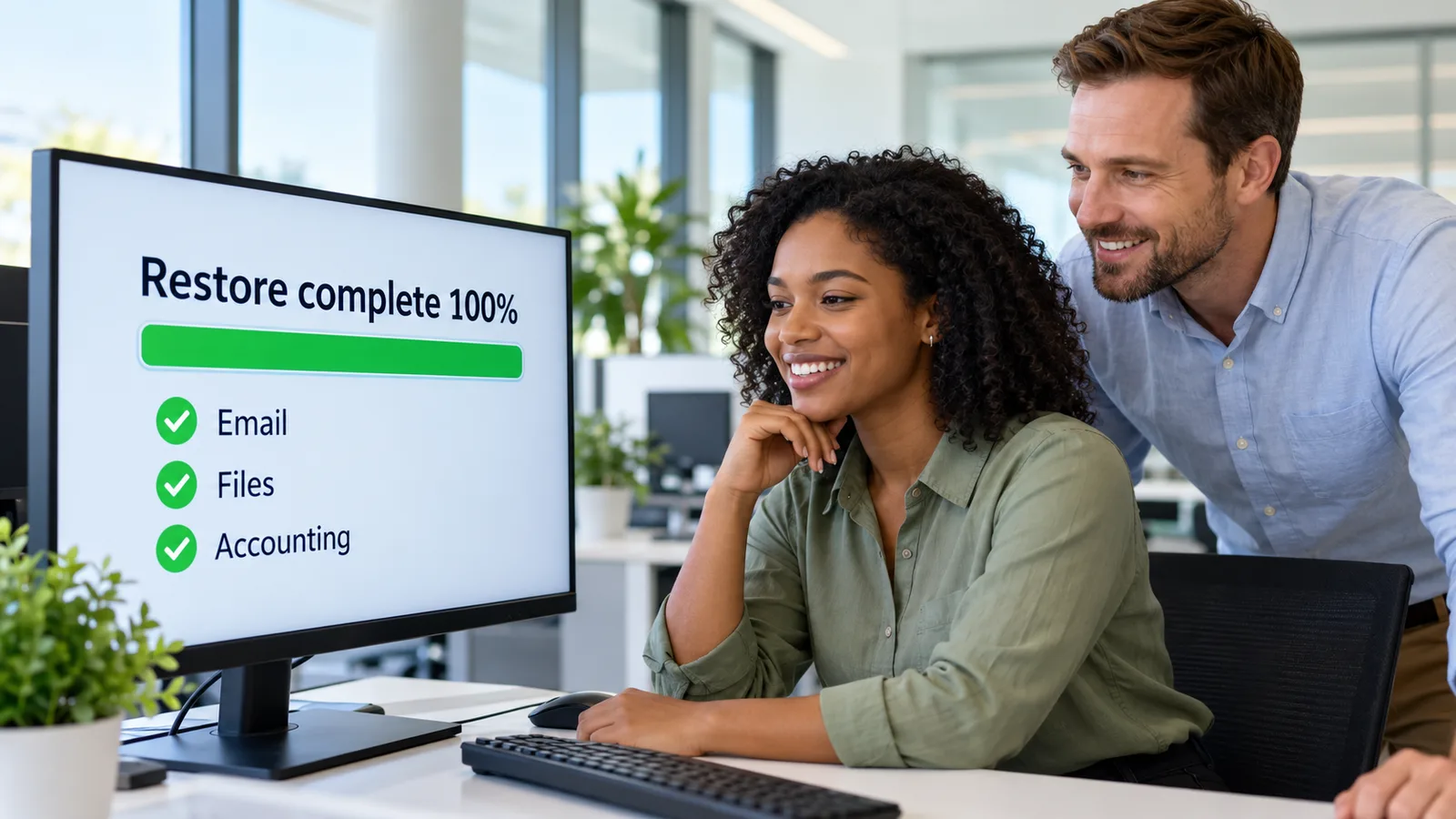 Two IT staff smiling at a monitor showing restore complete and green checks for email, files, and accounting