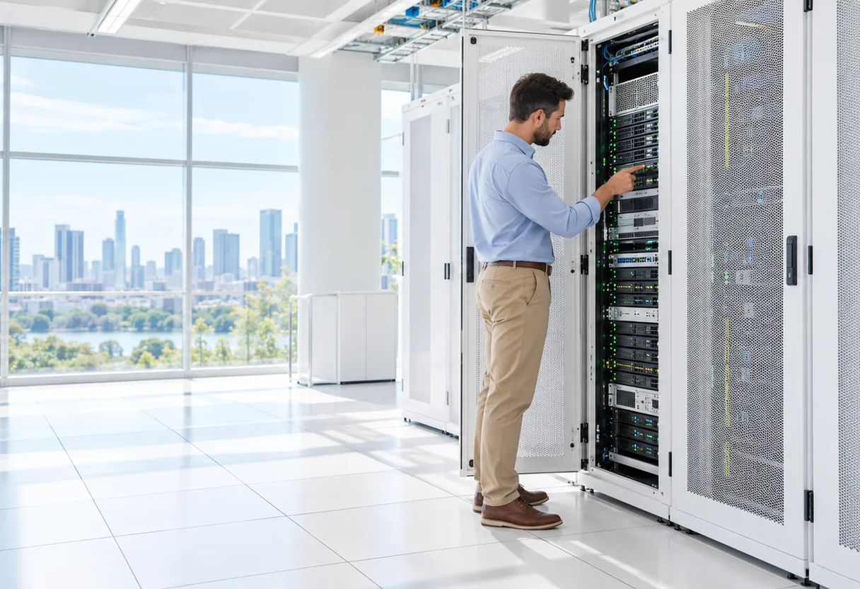 Technician inspecting an open server cabinet in a bright data center