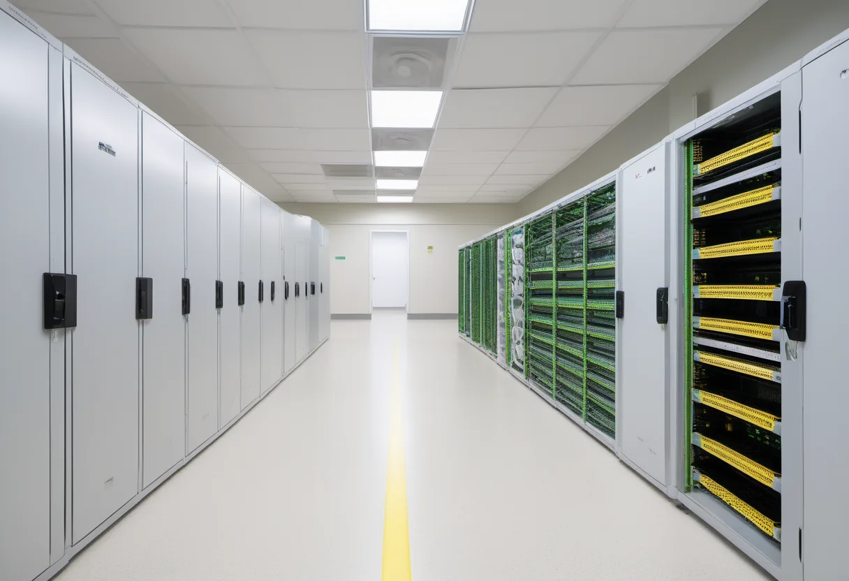 Narrow aisle between closed grey cabinets and open racks holding green circuit boards and yellow patch panels