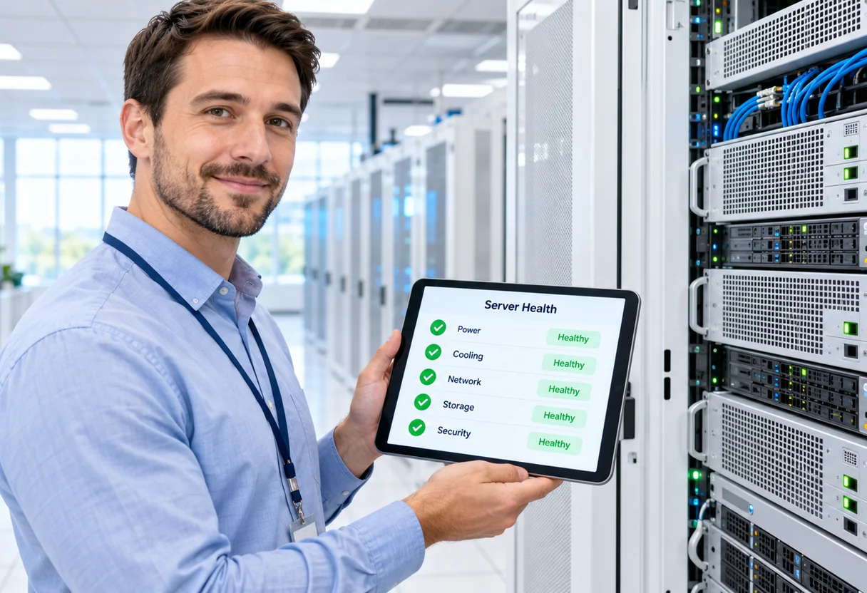 Technician holding a tablet showing a server health checklist with power, cooling, network, storage, and security all healthy