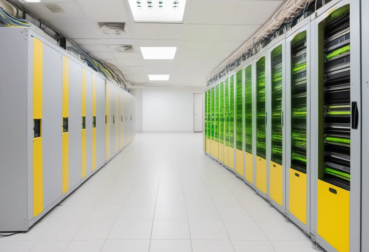 White tiled aisle with grey and yellow cabinets on one side and racks packed with dense green cabling on the other