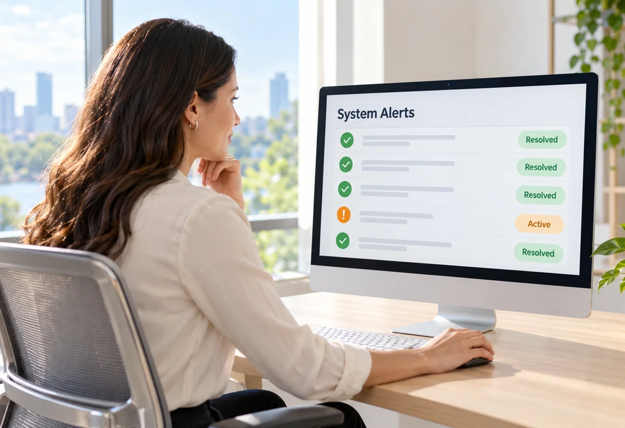 Desktop monitor showing a system alerts list with most items resolved and one active