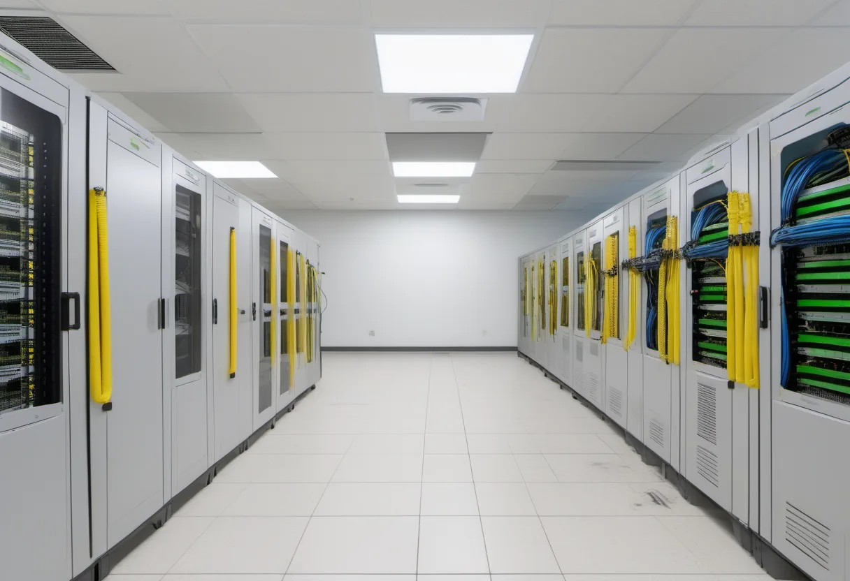 Bright white equipment room with cabinets on both sides and thick bundles of yellow and blue patch cables