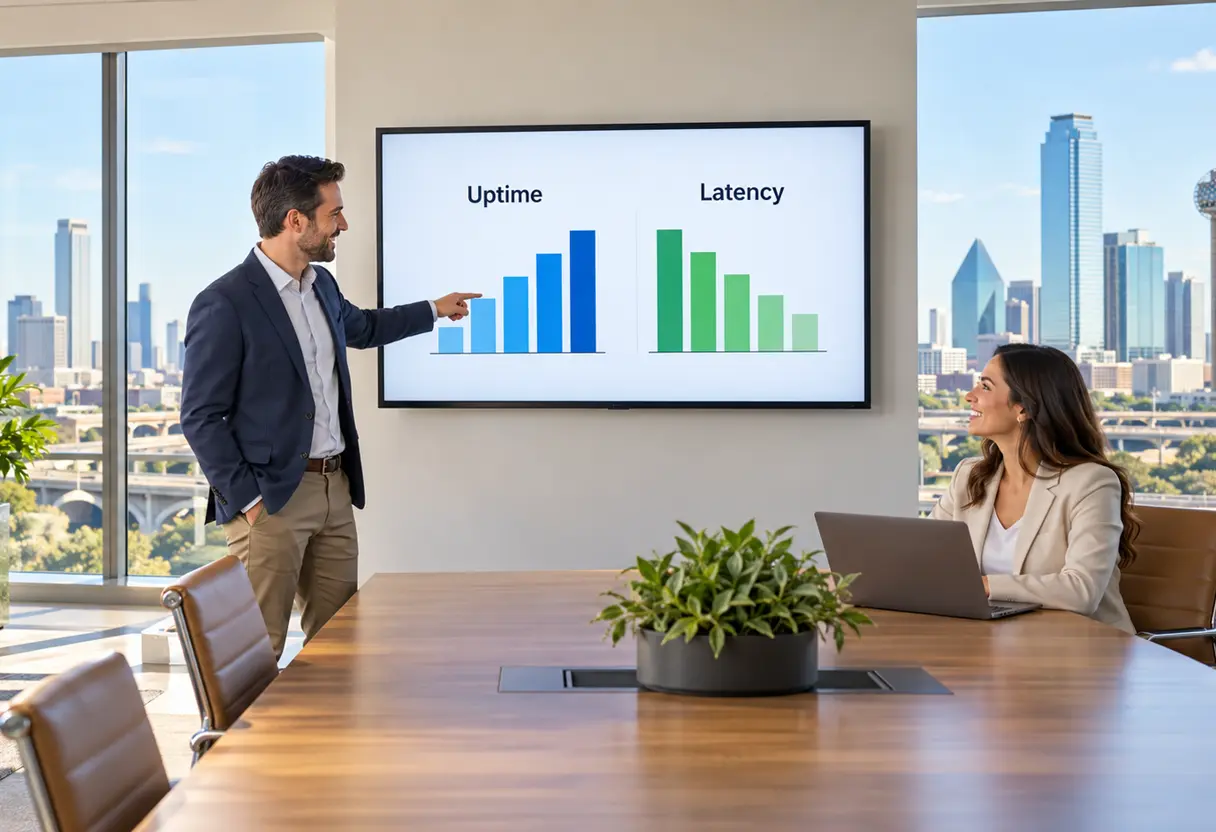 Two colleagues reviewing uptime and latency bar charts on a wall screen
