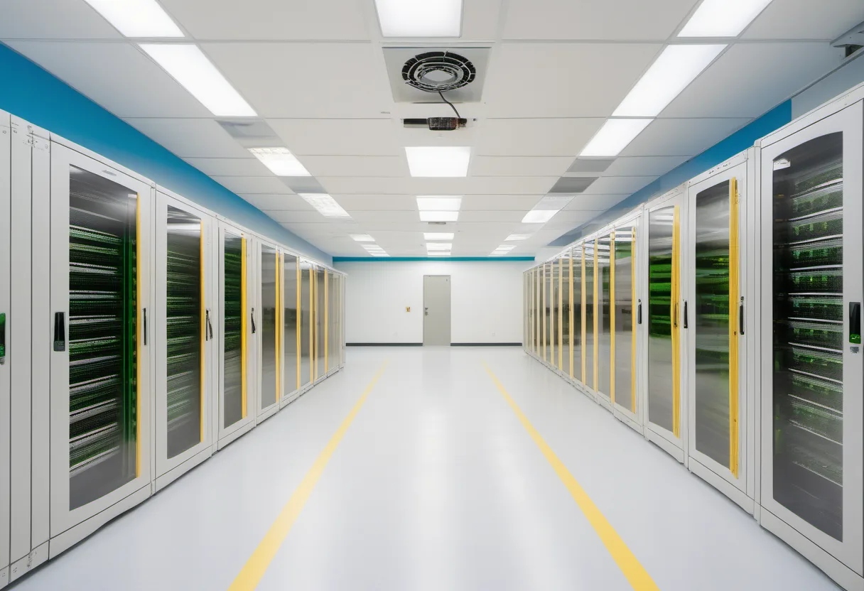Server room with glass-door racks along both walls, a blue accent stripe near the ceiling and yellow floor lines