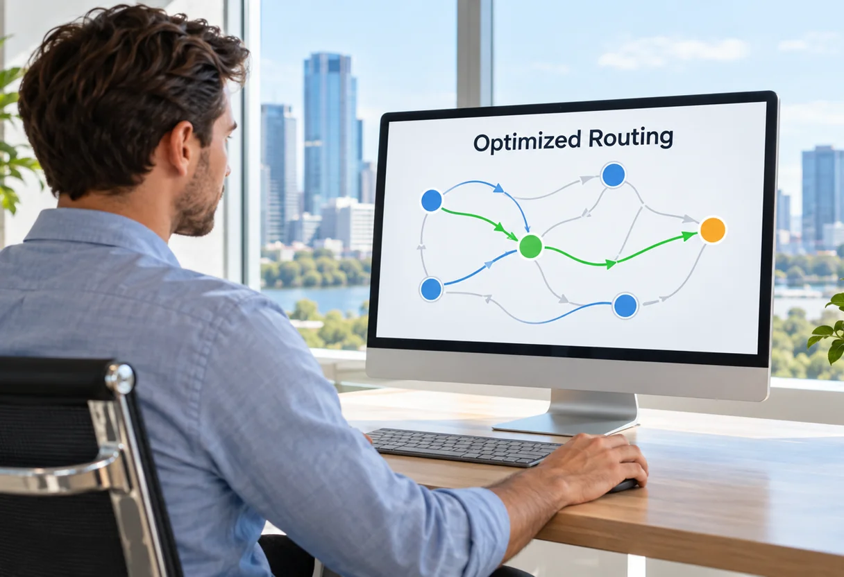 Desktop monitor showing an optimized network routing diagram with connected nodes