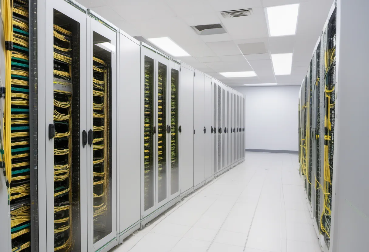 Rows of glass-fronted racks filled with yellow and teal cable bundles in a white tiled server room