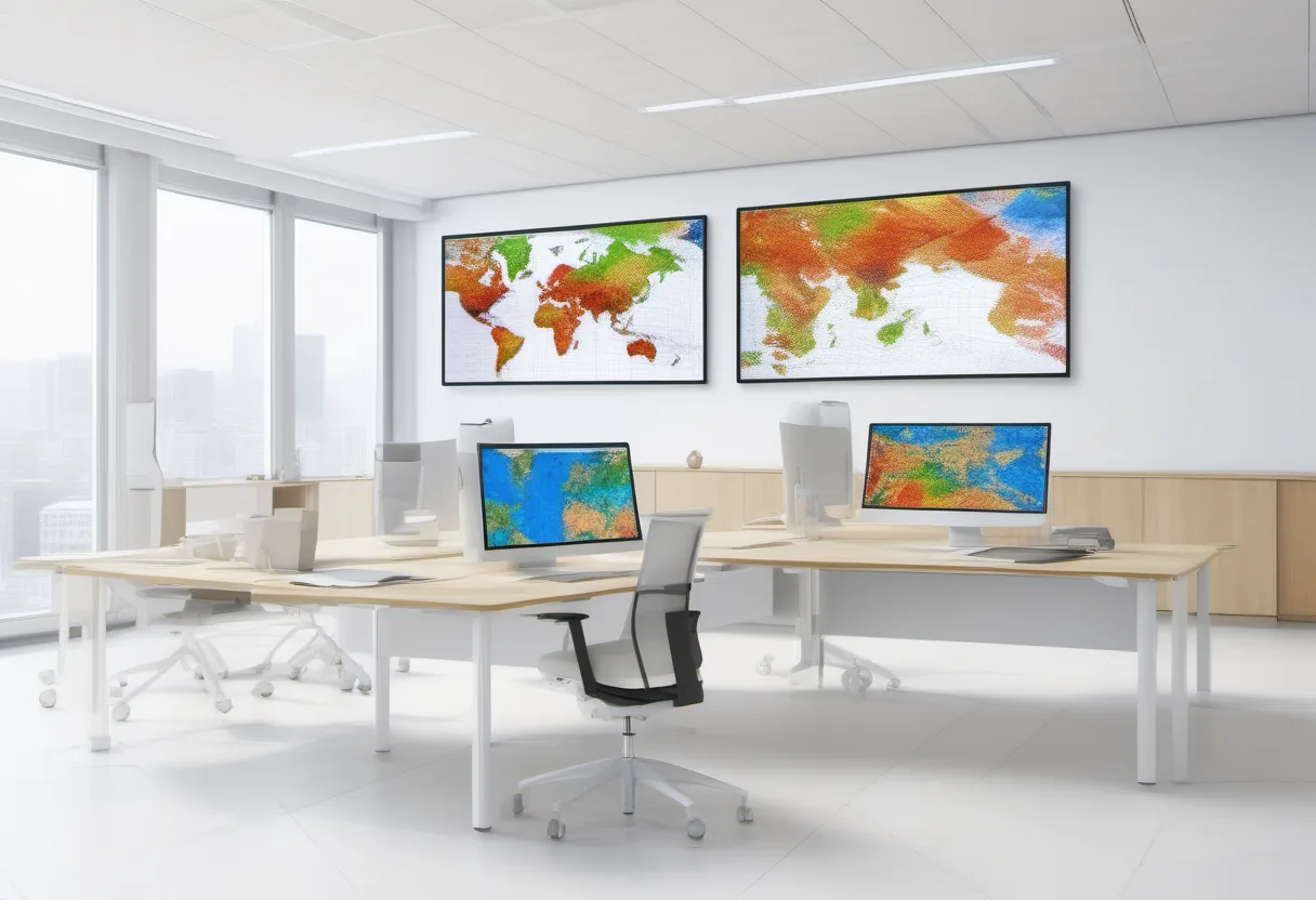 Bright office with multiple computer monitors, world maps on wall