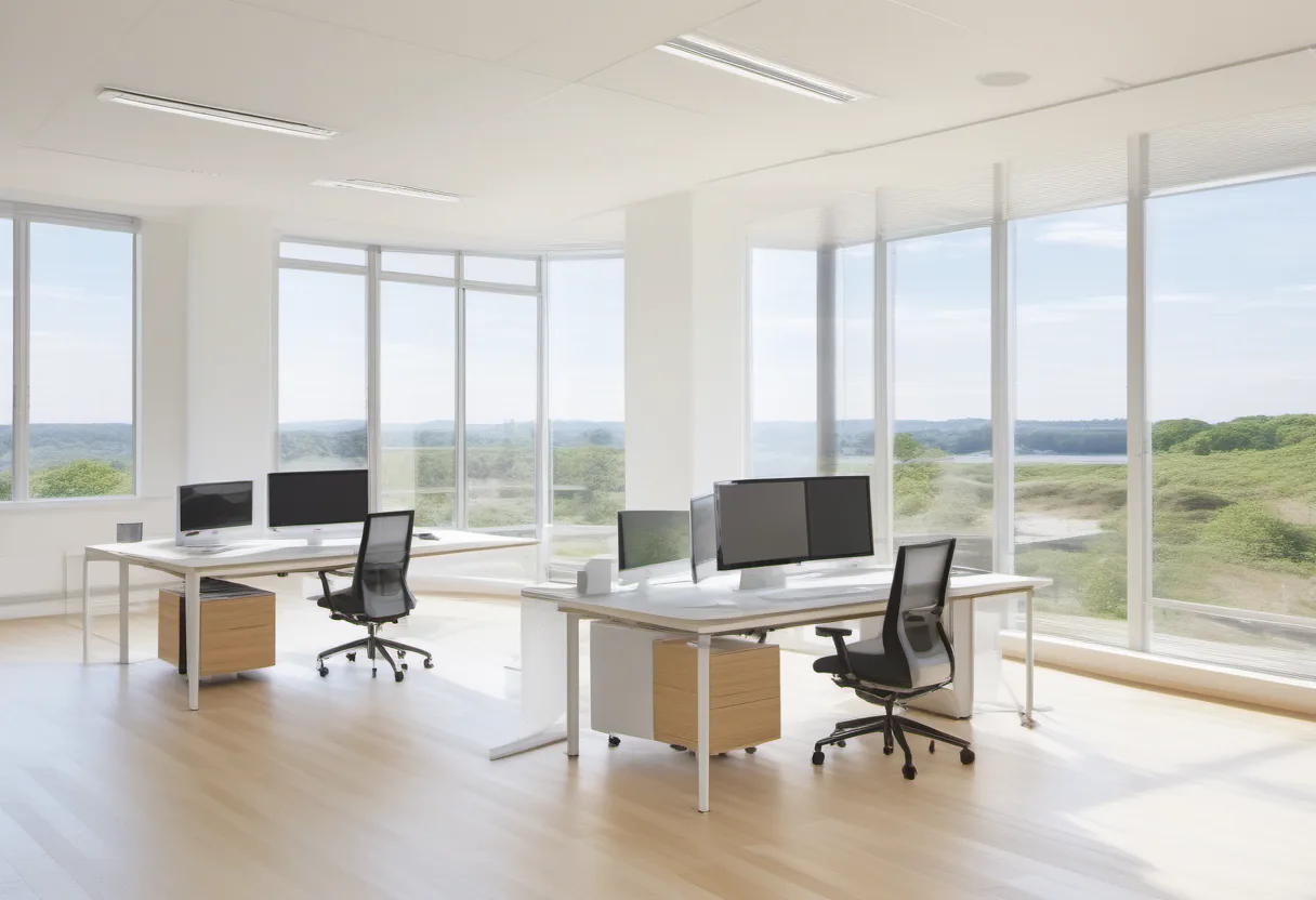 Bright office with multiple computer monitors, large windows