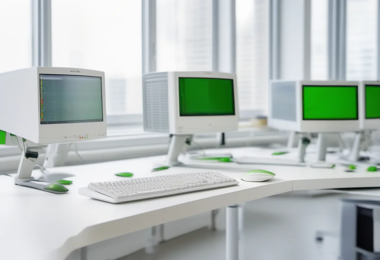 White desk with multiple monitors displaying green screens