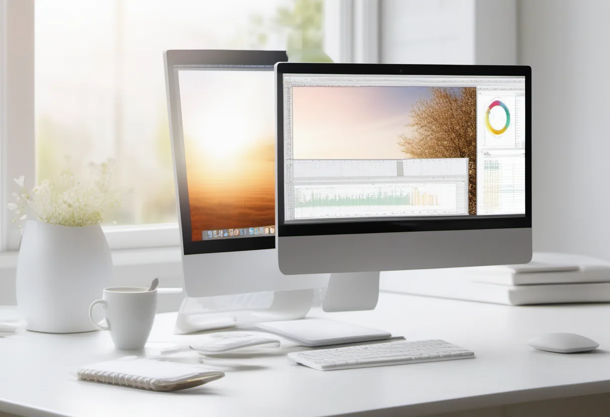 A bright office desk with two monitors showing software interfaces