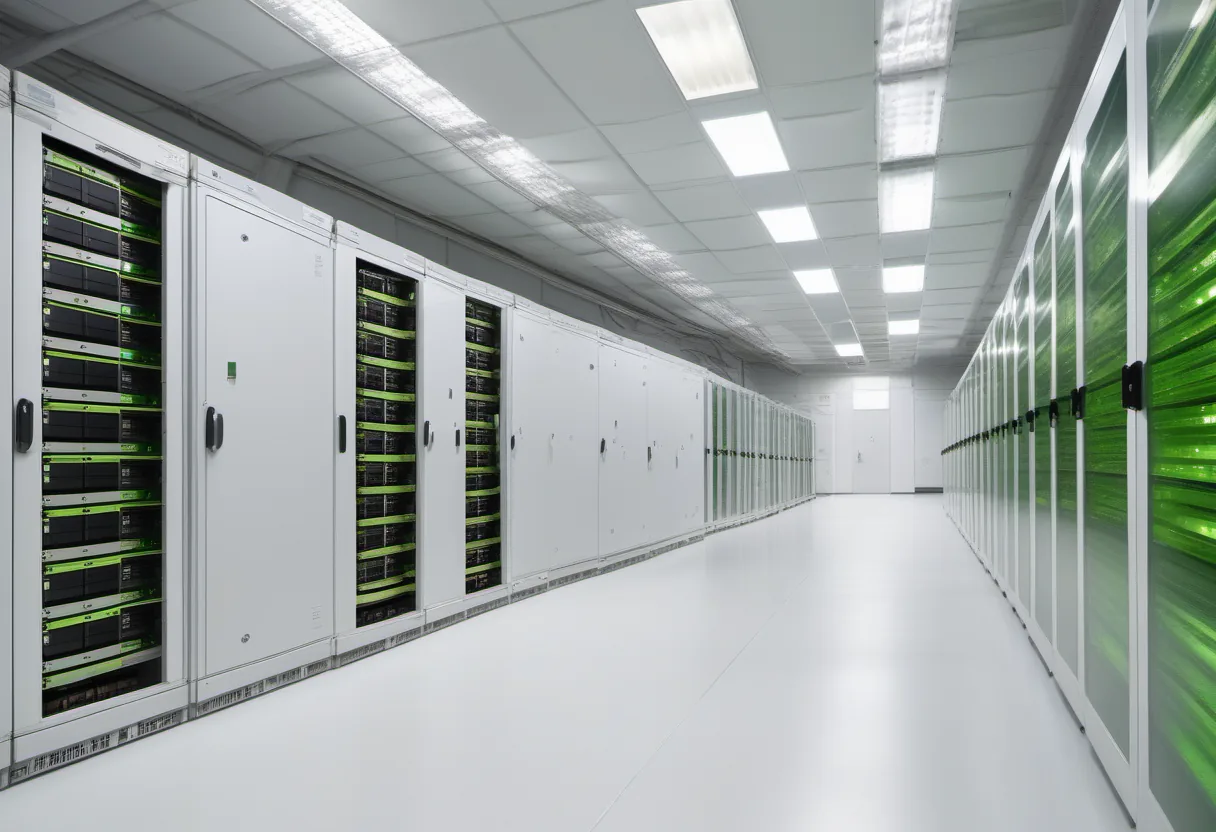 A bright equipment room with rows of server hardware