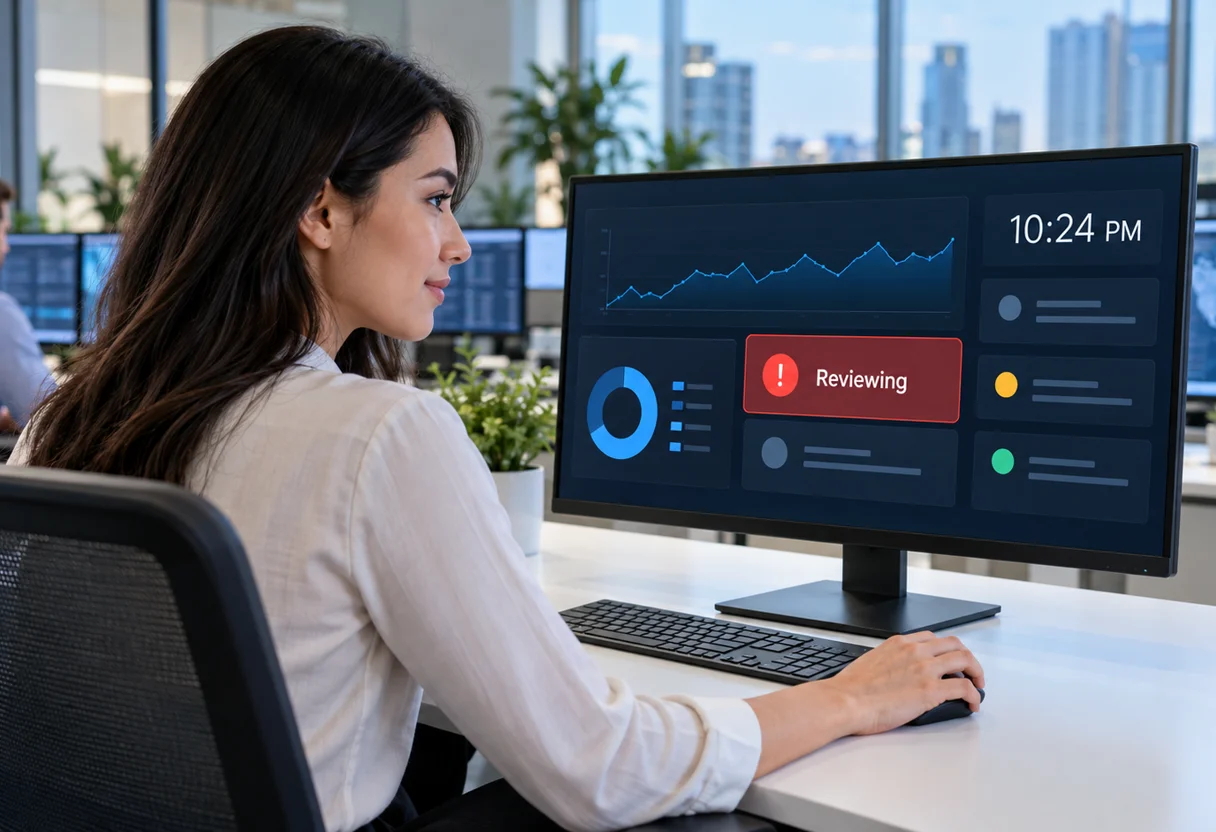 Analyst at a desk monitoring an after-hours alert dashboard showing the time and a reviewing status