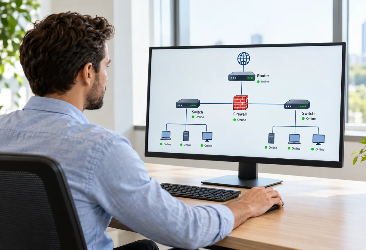 Analyst reviewing a network topology diagram showing router, firewall, switches and devices all online