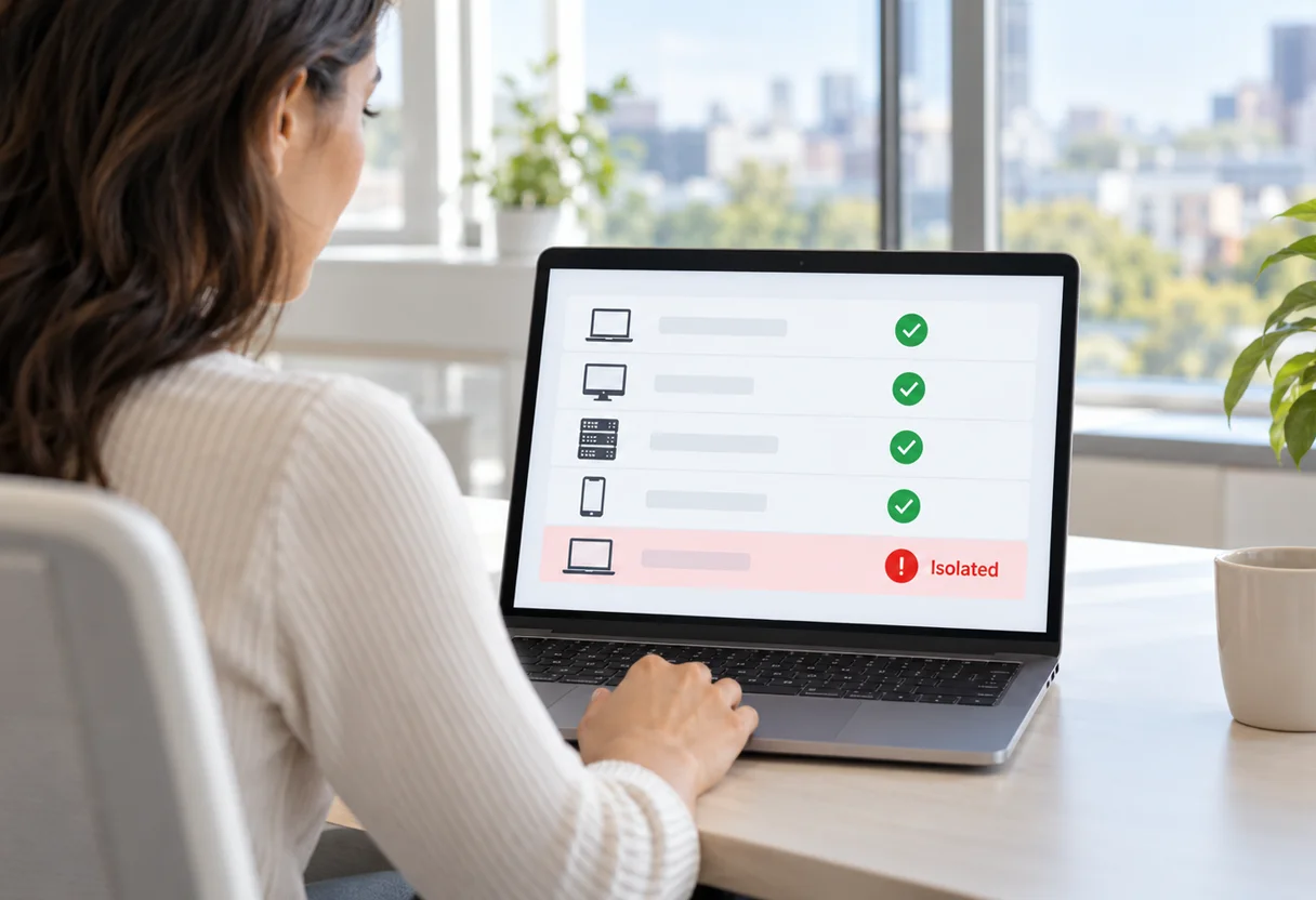 Analyst reviewing an endpoint status list with one device isolated after a flagged threat