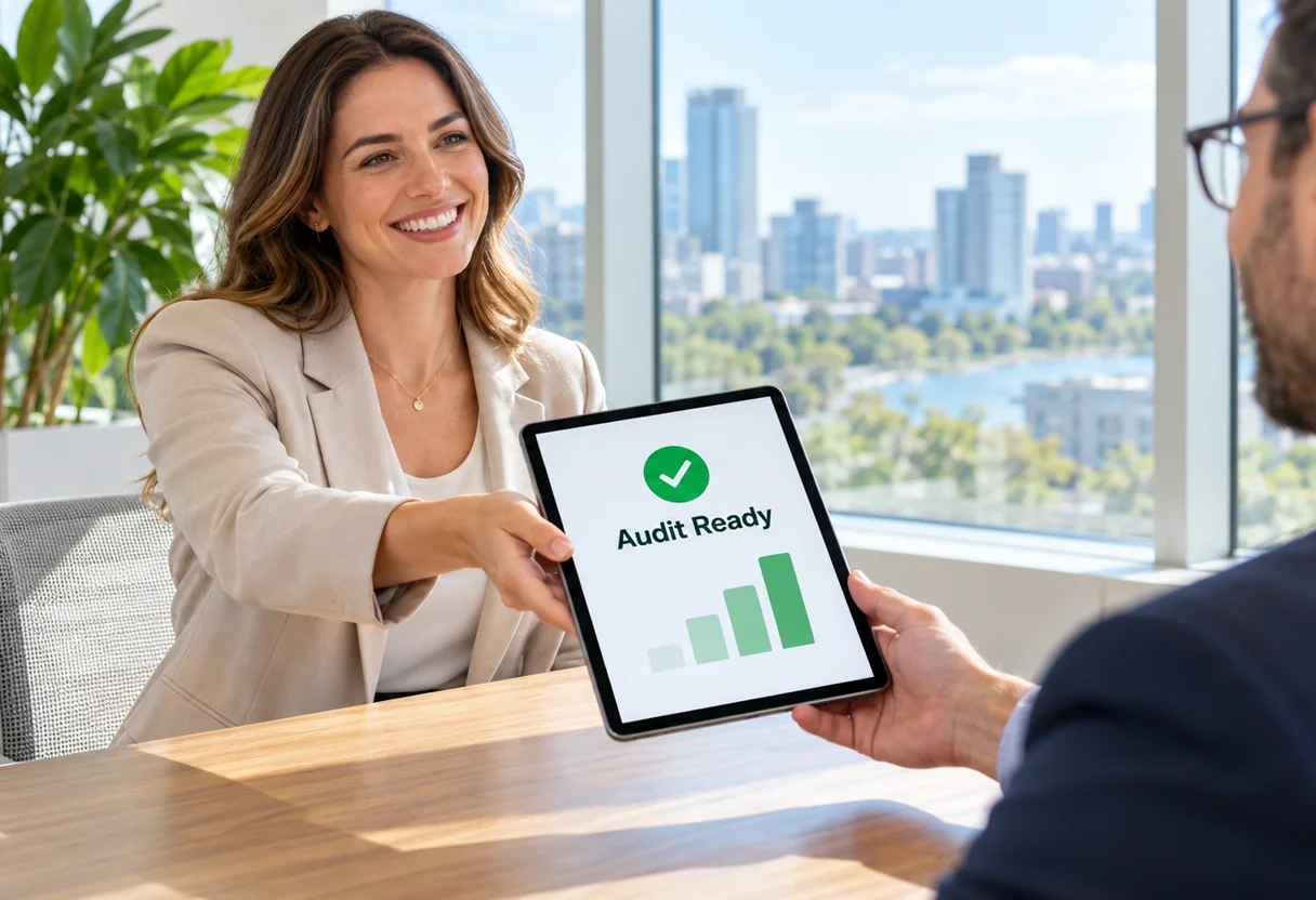 Colleague handing over a tablet showing an audit-ready compliance summary