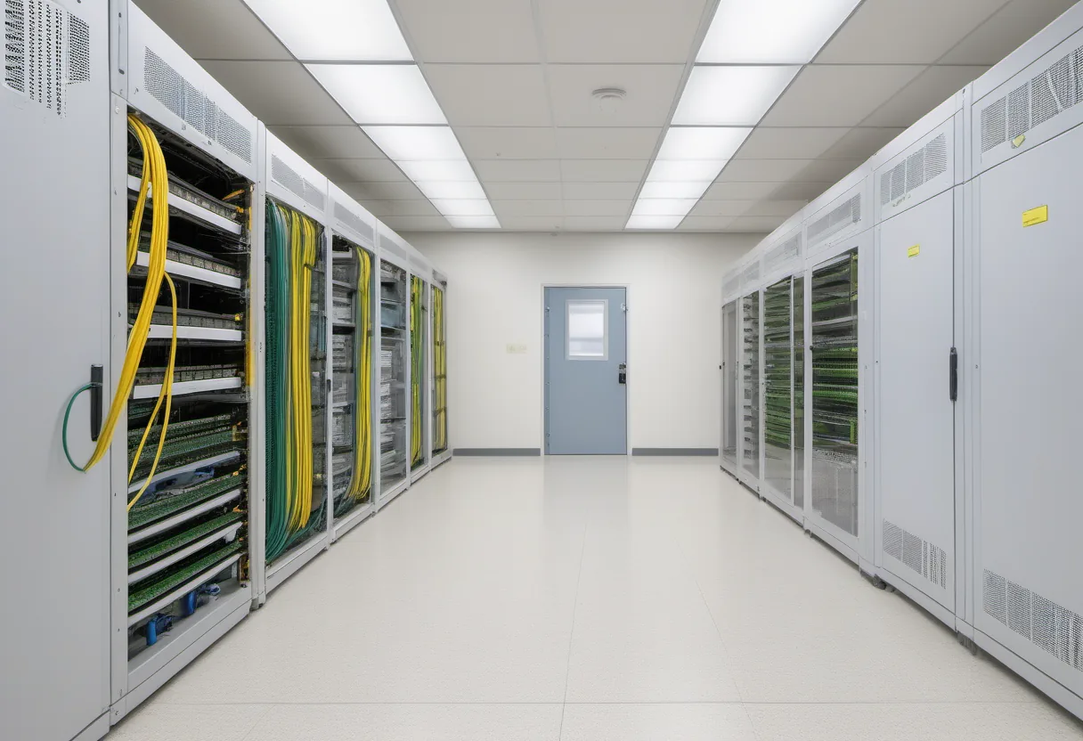 Server racks with cables in an IT operations room