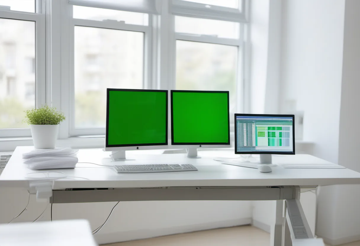 A bright office desk with two monitors showing green screens