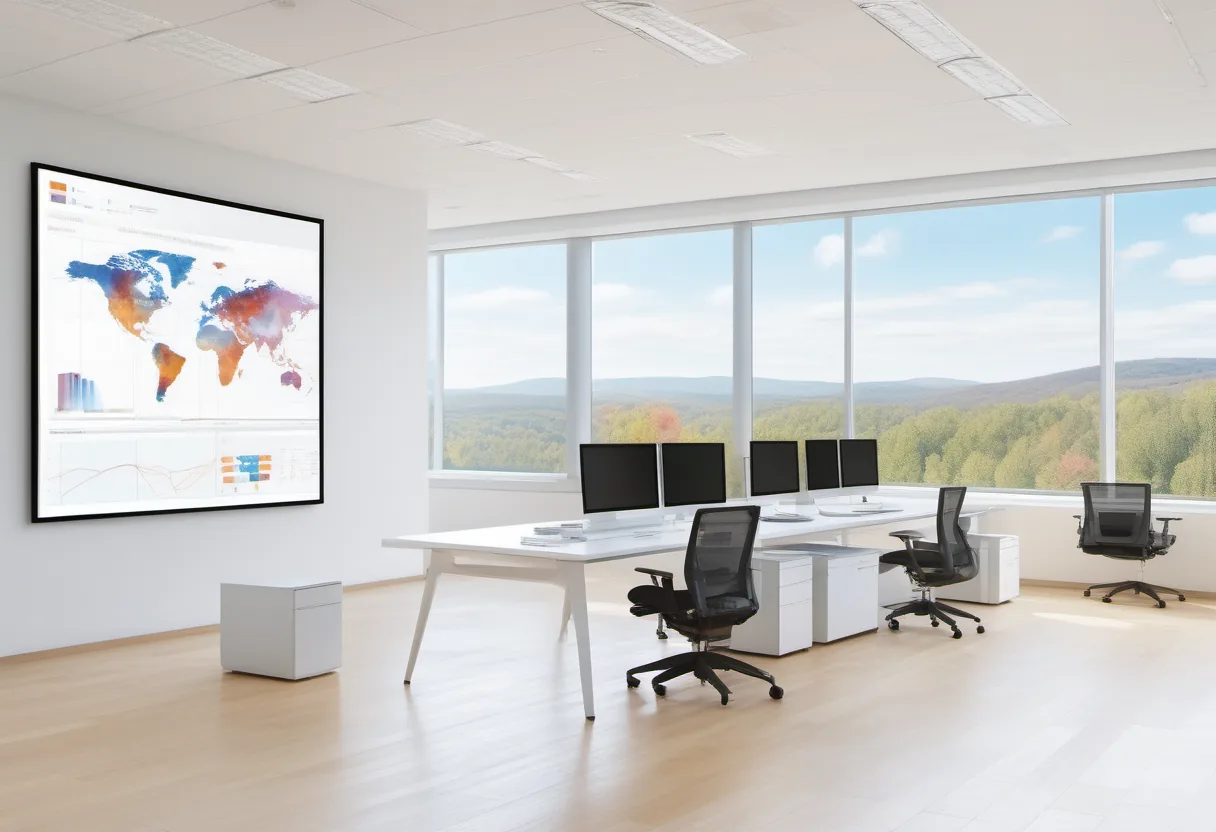 A bright office with multiple computer monitors and large windows