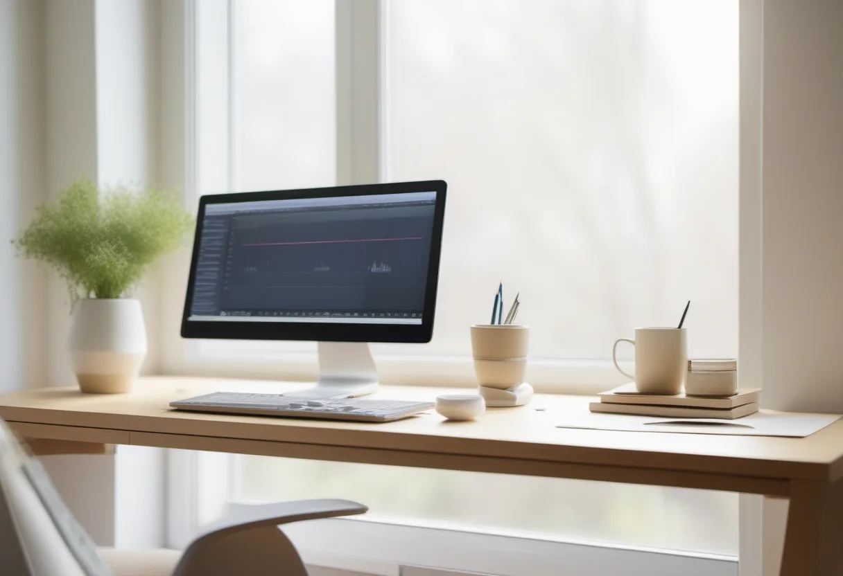 A desk with monitor showing audio editing software