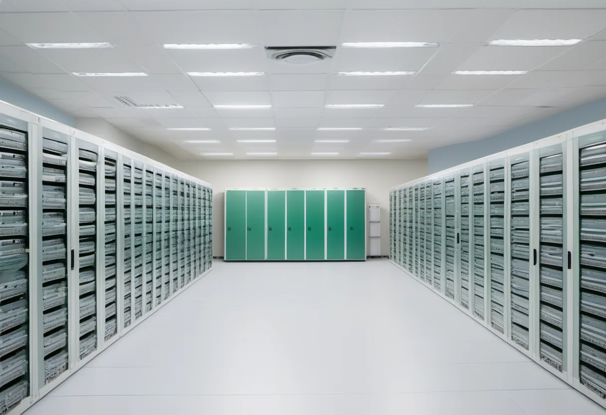 Rows of server racks in a bright room