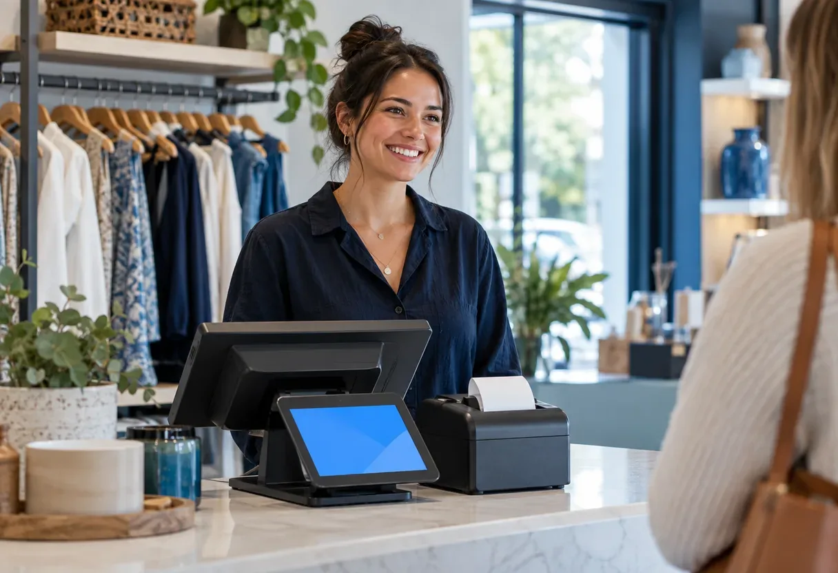 A smiling cashier at a boutique checkout with a card terminal and receipt printer