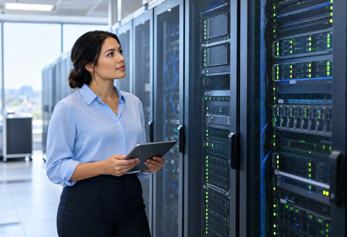 An IT administrator reviewing a tablet in front of server cabinets in a bright server room