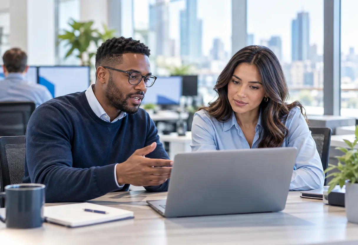 An IT manager and a colleague reviewing a laptop together at a desk while discussing who needs access