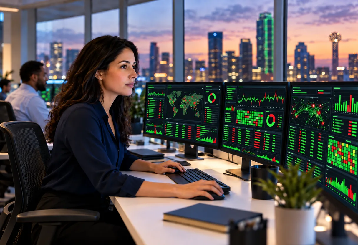 A security analyst at a multi-monitor workstation reviewing monitoring dashboards with city lights in the window