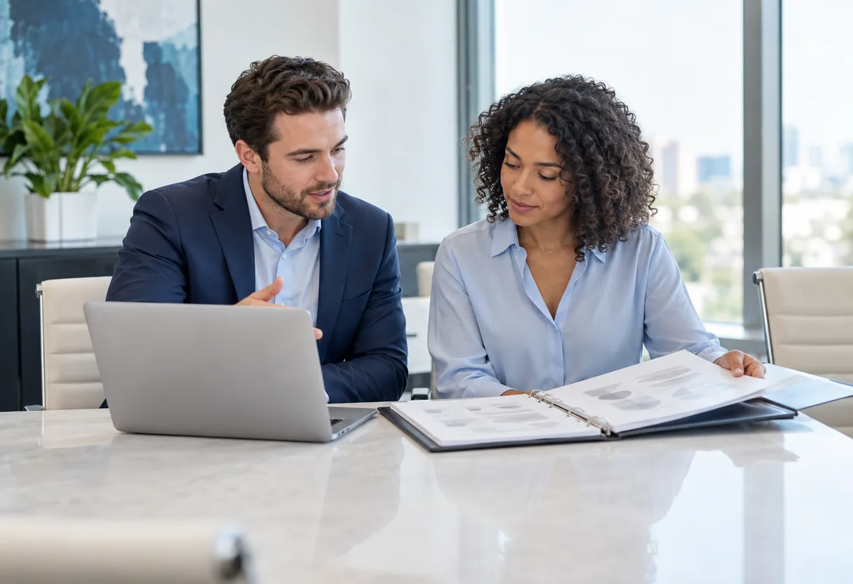 Two coworkers at a conference table with a laptop and a binder, walking through a written procedure