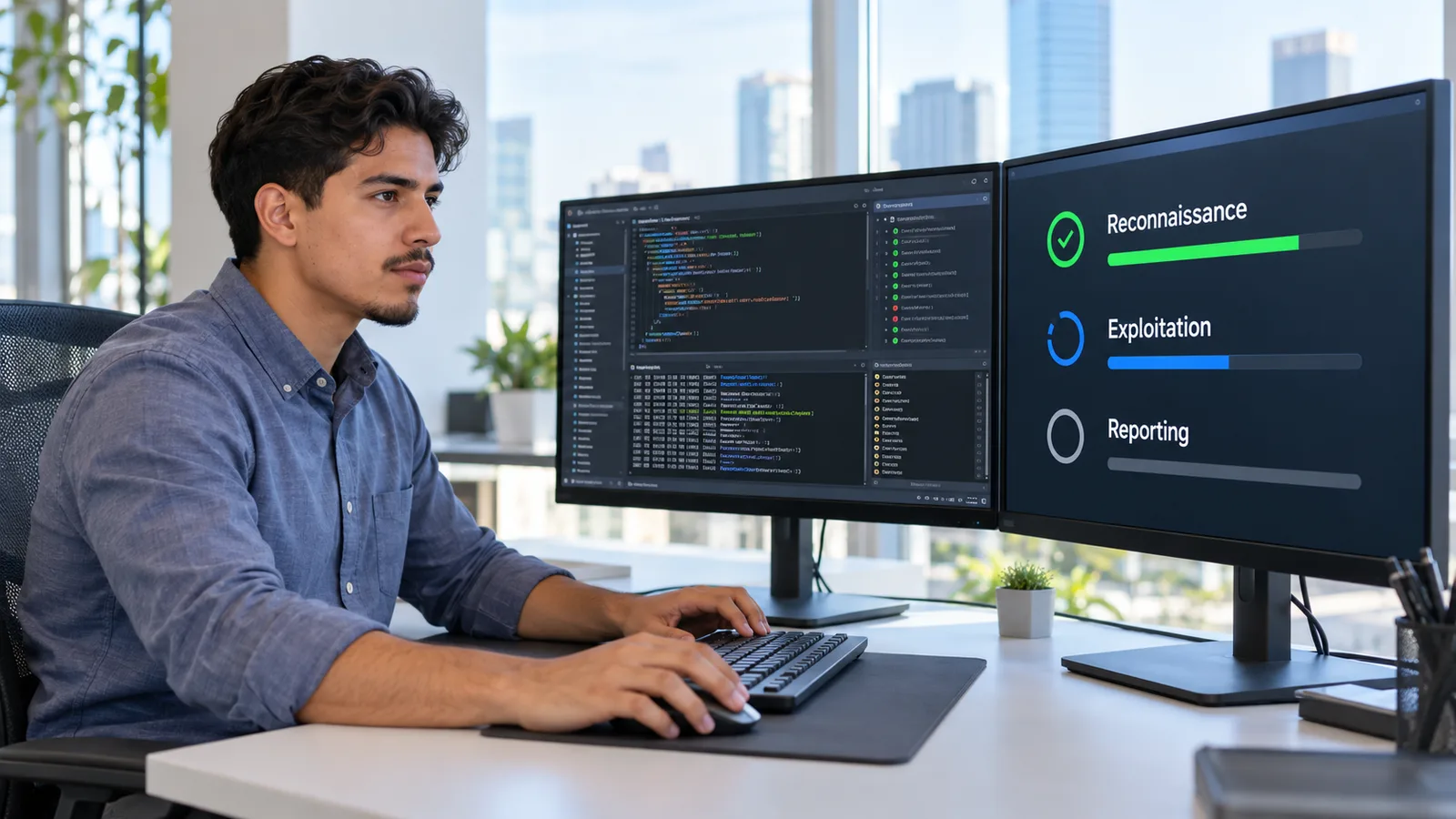 Tester at a dual-monitor desk with a test-phase checklist showing reconnaissance complete and exploitation in progress