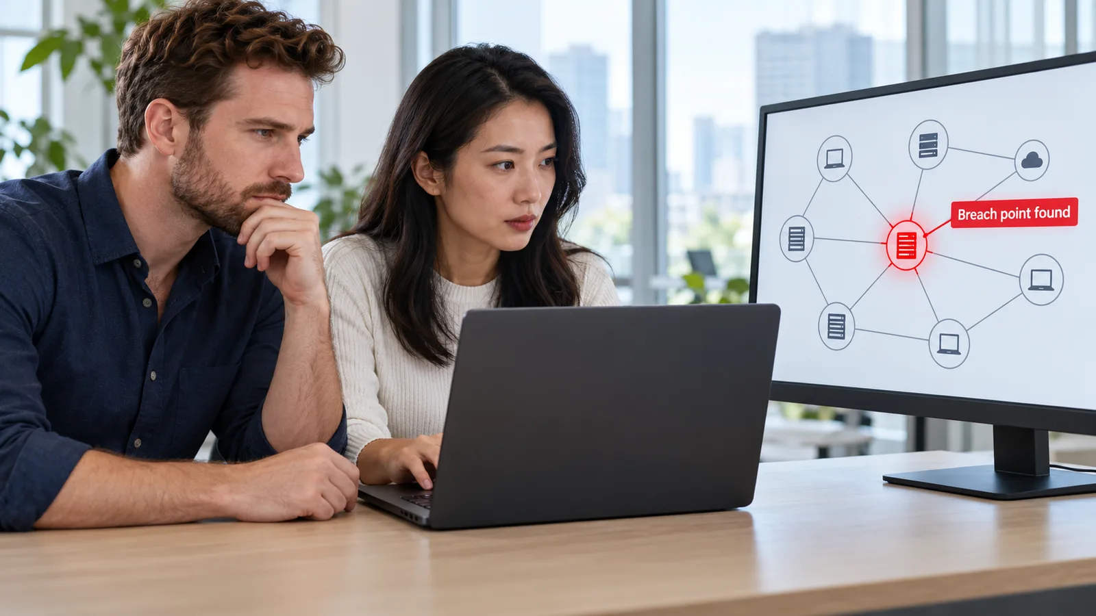 Two testers reviewing a network diagram on a monitor with a breach point highlighted in red
