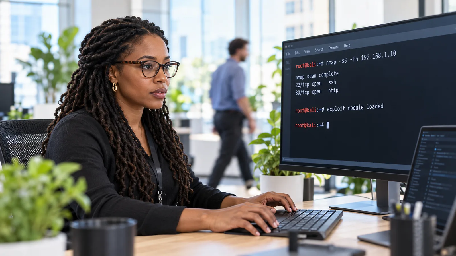 Tester reviewing code and a log panel on a monitor in a bright office