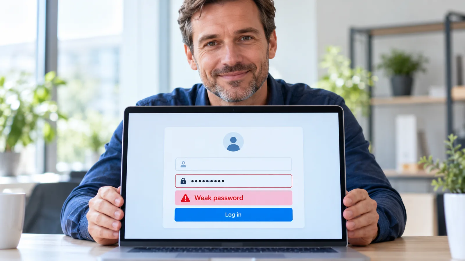 Tester holding up a laptop showing a login screen with a weak password warning banner