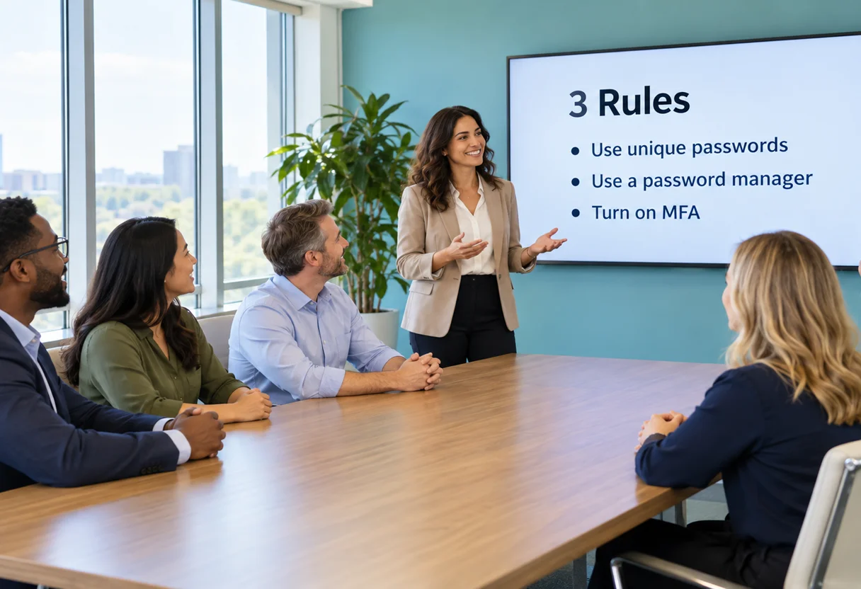 Trainer presenting three simple password security rules to a team in a conference room