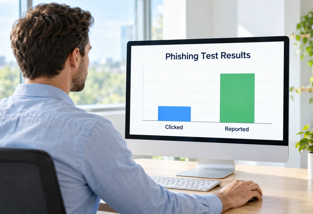 Employee reviewing a phishing test results chart comparing clicked and reported rates