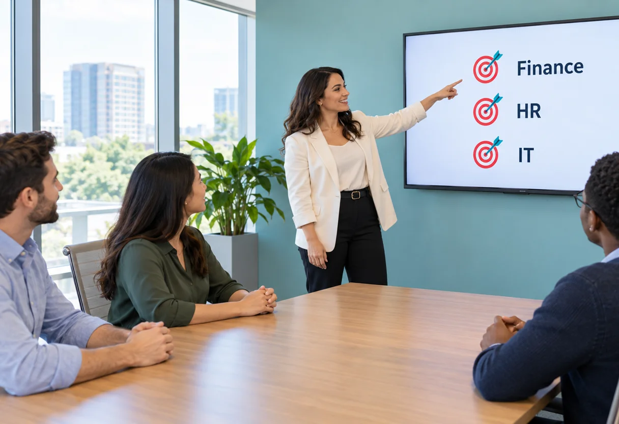 Trainer pointing to a targeted-training list for Finance, HR and IT departments