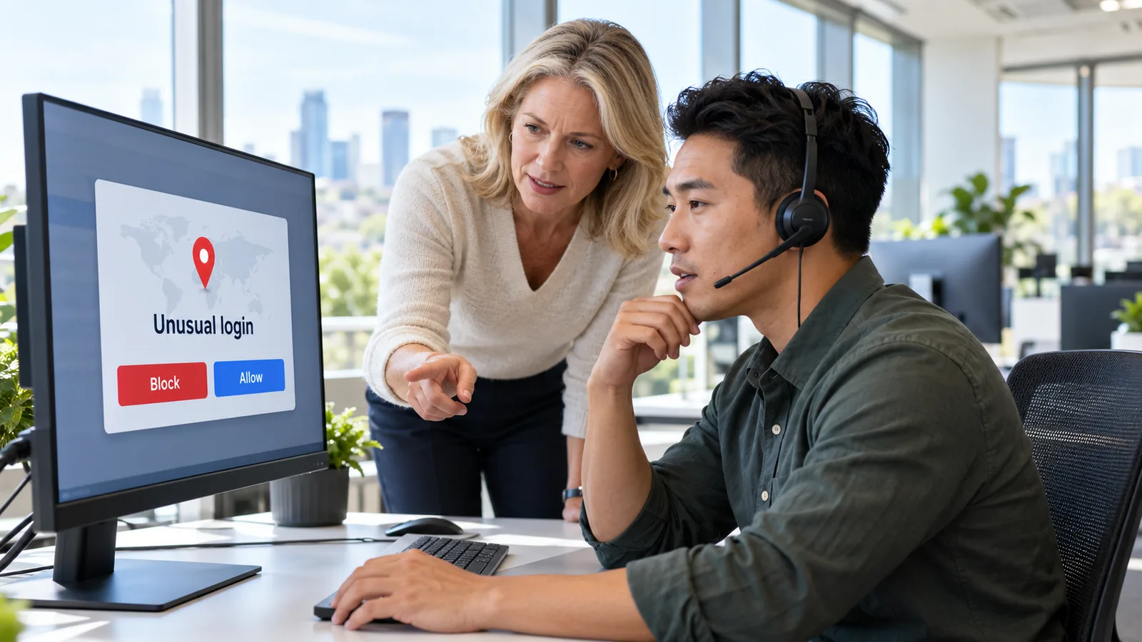 Analyst wearing a headset triaging an unusual login alert with block and allow options while a teammate points at the screen