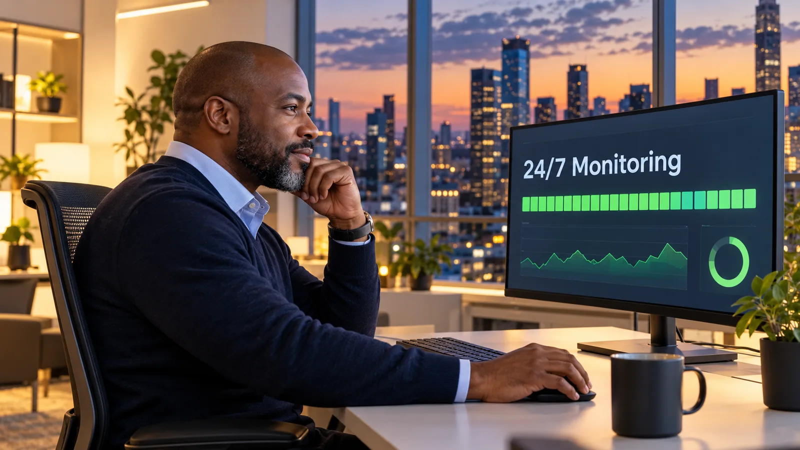 Evening analyst in a lit office reviewing a 24/7 monitoring dashboard with the city skyline at dusk behind him