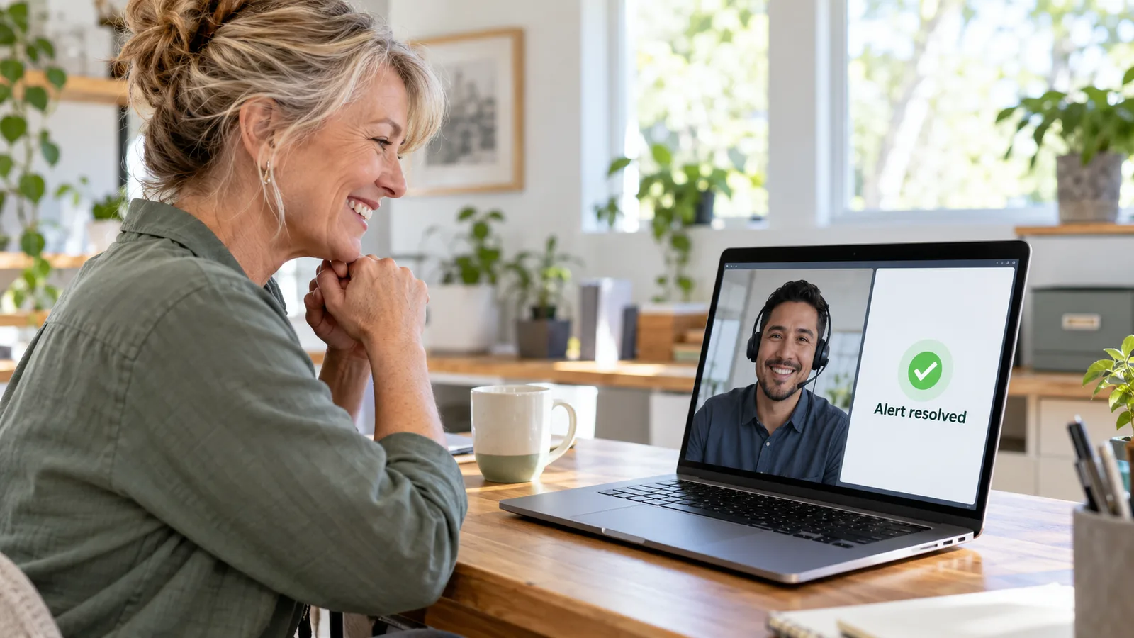 Small business owner smiling on a video call with a security analyst whose screen shows the alert resolved