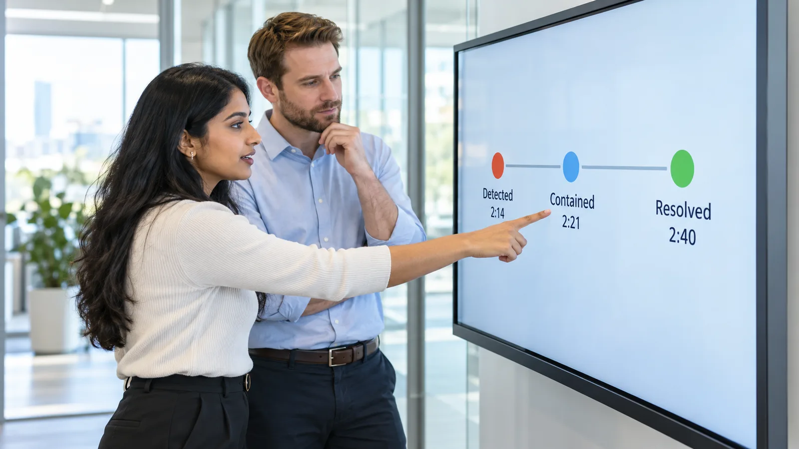 Two analysts at a large display reviewing an incident timeline: detected 2:14, contained 2:21, resolved 2:40