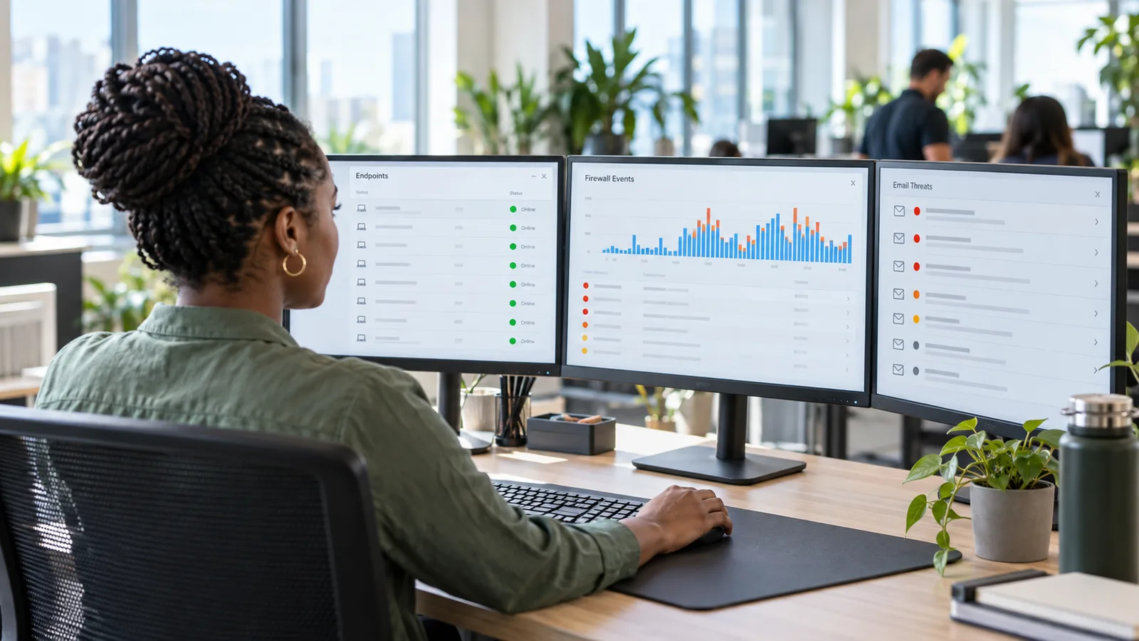 Analyst at three monitors showing an endpoint list with green status dots, a firewall events chart and an email threat queue